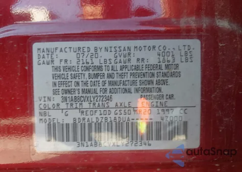 2020 Nissan Sentra Sv Xtronic Cvt z USA, uszkodzony, nr VIN 3N1AB8CVXLY272346